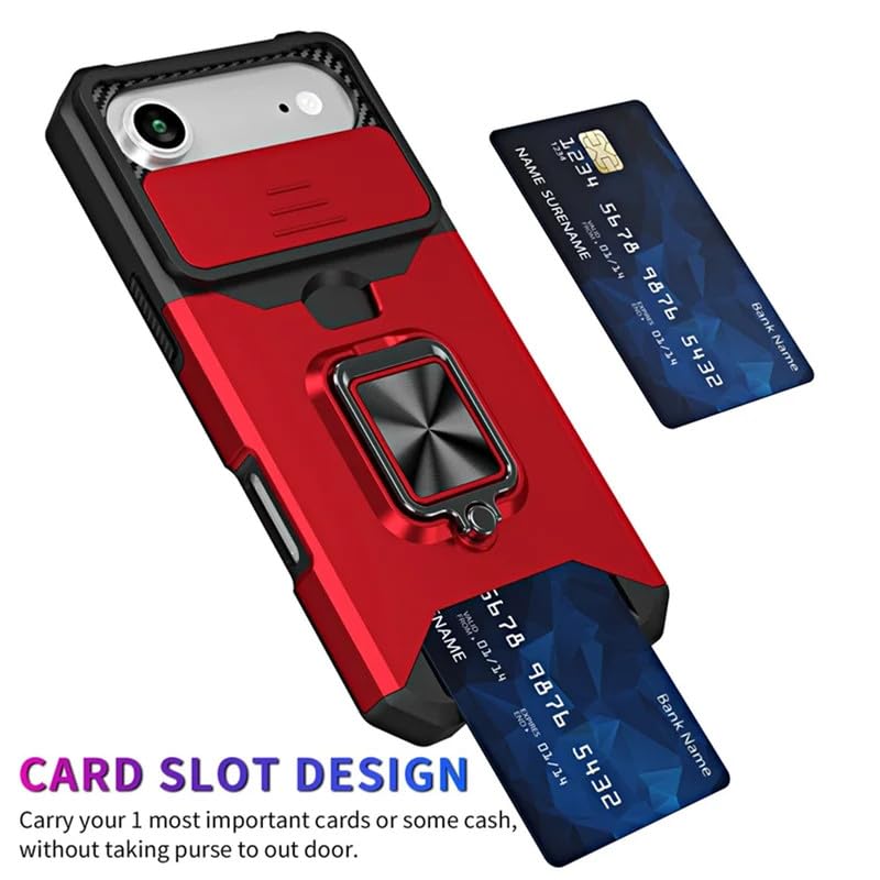 Image of LuxuryKase Shockproof Armor Case for iPhone Air | Slide Camera Cover | Hidden Card Slot | Rotating Ring Kickstand | Magnetic Car Mount Support | Military Grade Protection - Red