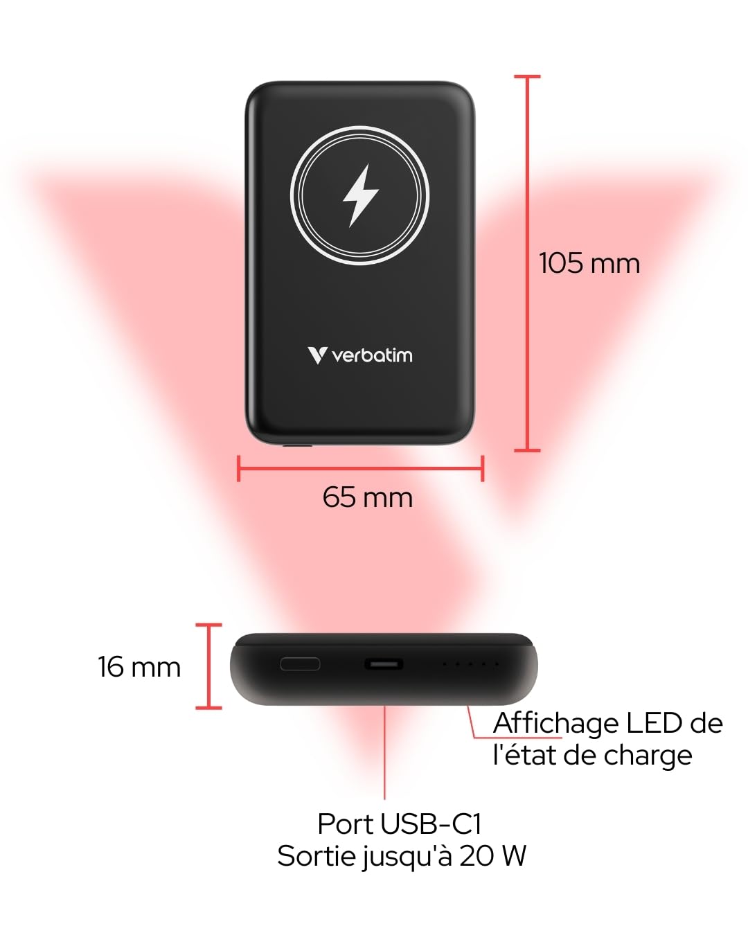 Verbatim Magnetic Power Bank 10000mAh Wireless Charger 15W 20W PD per USB-C, Powerbank Petit et Magnétique pour iPhone 15, 14, 13, 12, Pro, Max, iPad, Noir