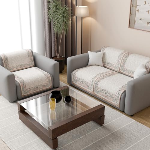 Image of Kuber Industries 2+1 Seater Sofa Cover | Velvet Slipcover for Living Room | Thick & Cozy | Non-Slip Comfort Sofa Cover Set | Digital Painting Juliet 1186 - Beige & Green