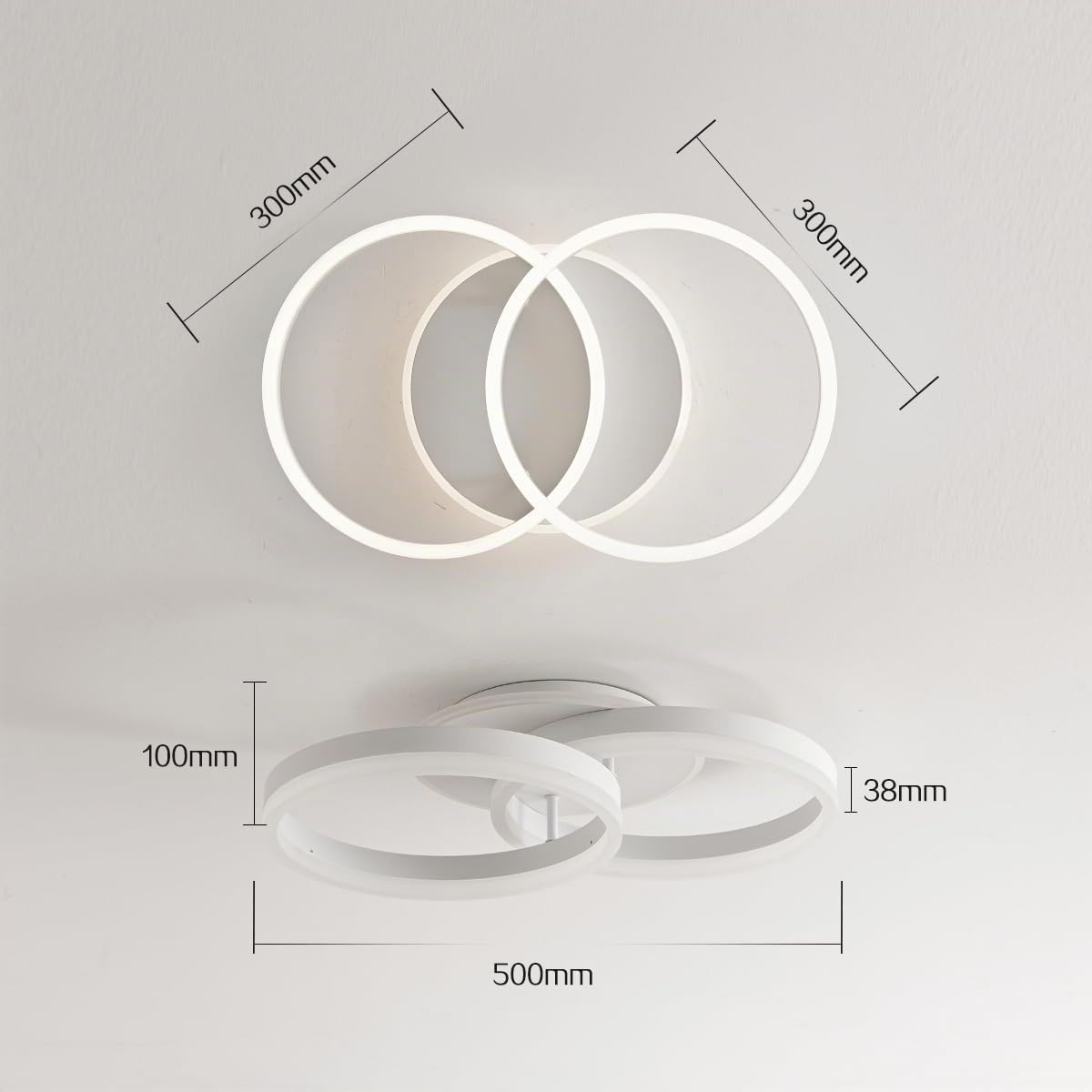 Smart Plafoniera LED Alexa, φ50 cm Design 2 Ring, Lampada da Soffitto 36W, Dimmerabile con Telecomando, Metallo+Acrilico, per Cucina, Camera da letto, Sala da Pranzo Bianco