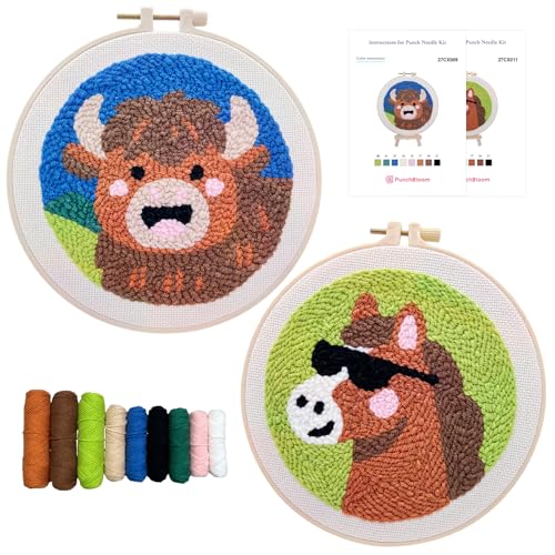 Image of Punch Needle Kit for Adult Beginner, 2-Pack Horse & Highland Cow Punch Embroidery Starter Set with Instructions - Yarn Needle Punch Craft for Xmas Gift Idea & Home Wall Decor