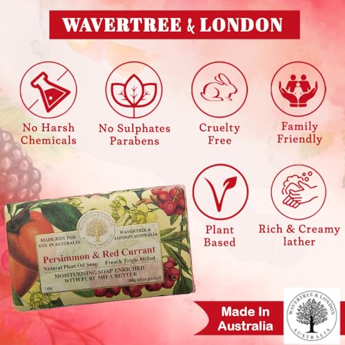 Image of Wavertree & London Persimmon & Red Currant Scented Natural Soap Bars (2 Bars), 7 oz Moisturizing French Triple Milled Soap Bars enriched with shea butter, Plant Oil Bath & Body Soap for Women & Men