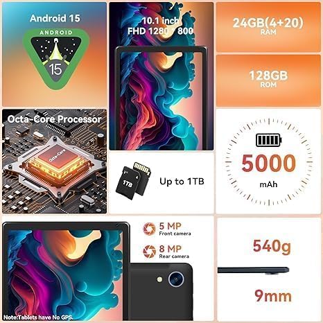 Image of URAO Android 15 10.1 inch Tablet with Octa-core Processor 24GB RAM 128GB ROM HD IPS Touchscreen 8H Battery, Wi-Fi 6, BT 5.0, Dual Camera, Android Tablets with Keyboard Mouse Stylus Case Headphone