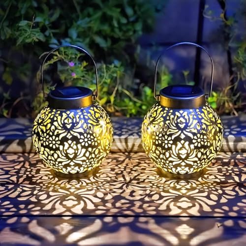 Image of 2 Pack Outdoor Solar Hanging Lantern Lights Metal LED Decorative Lamp for Garden Patio Courtyard Lawn and Table with Hollowed-Out Design (Antique Bronze)