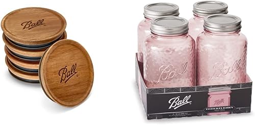 Ball Tapas de almacenamiento de madera para tarros paquete de 5 tarros de conservas de pinta de boca regular color marrón y rosa en tarro vintage