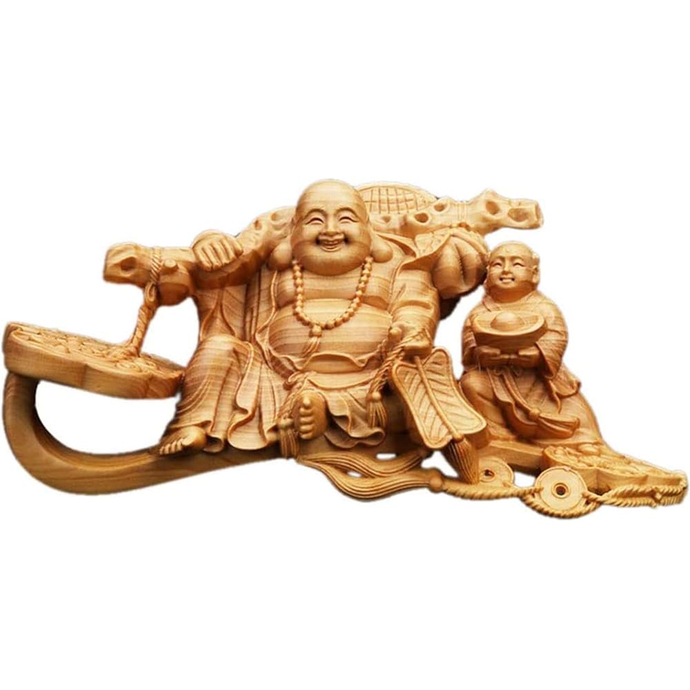 ZHIDAISHI Feng Shui Buddha StatueBoxwood Carvings Ruyi Yuanbao Maitreya Buddha Statue Ornaments Laughing Buddha Jinyumantang Entrance Table Decoration