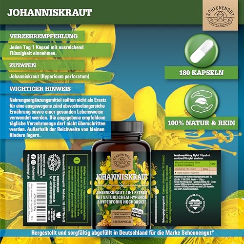 Johanniskraut Kapseln -180 Stück je 5000mg- WICHTIG: 10:1 Extrakt (=5000mg reines Johanniskraut) + Hypericin und Hyperforin I Zertifiziert Laborgeprüft und Vegan DE SCHEUNENGUT®