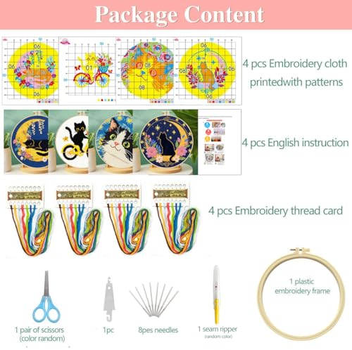 Image of Zhenqing Cat Stamped Cross Stitch Kits for Adults Beginners, DIY Animals Cross Stitch Patterns Kits Printed Needlepoint Kits,Crafts Embroidery Kits for Home Decor-Cat-Themed 4-Piece Set(69207)