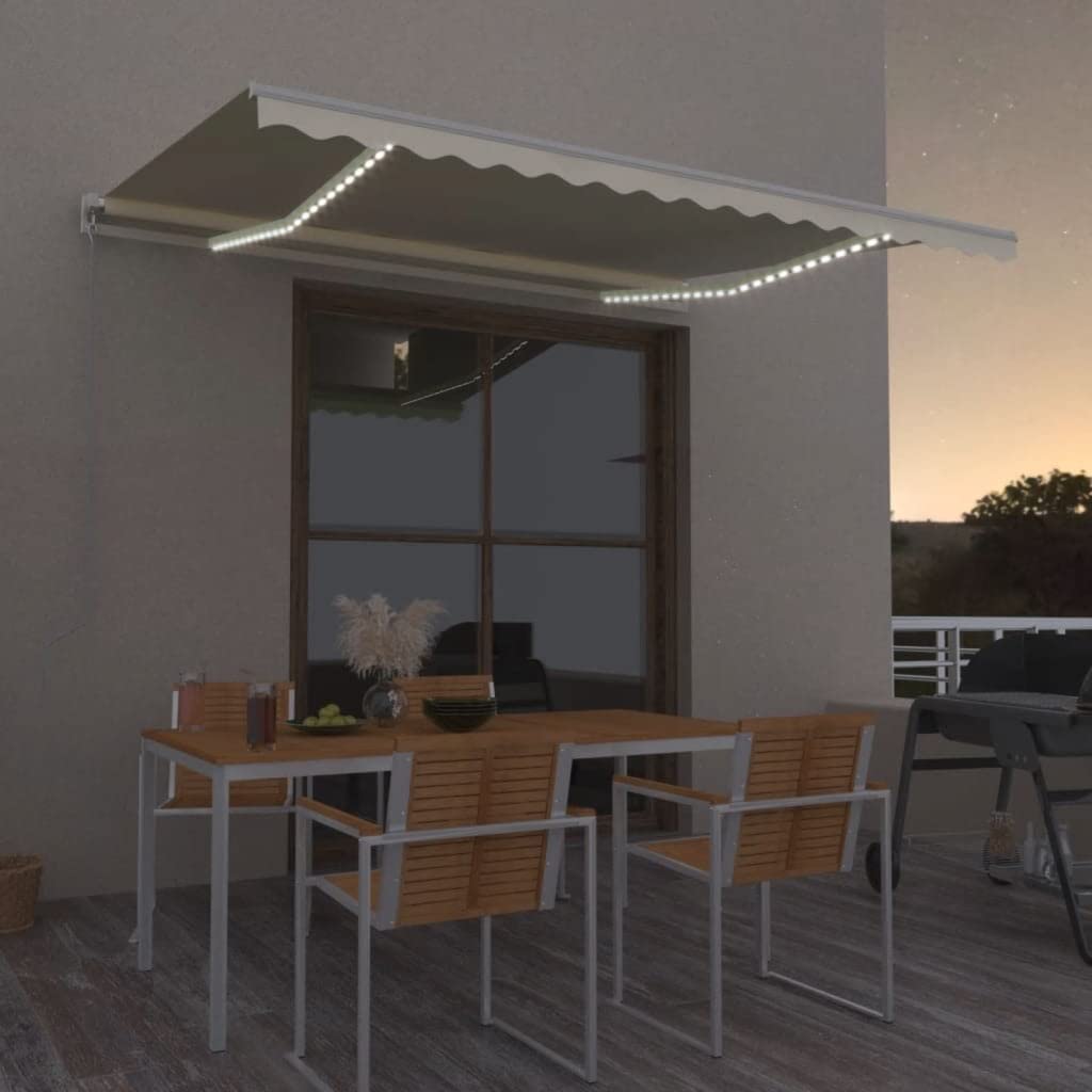 Tenda da sole manuale con braccio articolato, 450 x 350 cm, color crema con LED | Telaio in alluminio verniciato a polvere, poliestere impermeabile, illuminazione a energia solare, funzionamento a manovella