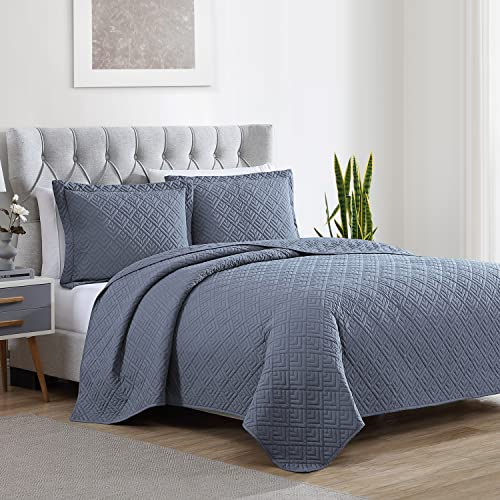 Exq Home Quilt Set Full/Queen Size Blue 3 Piece,Lightweight Soft Coverlet Modern Style Squares Pattern Bedspread Set For All Season(1 Quilt,2 Pillow Shams) #TOP1