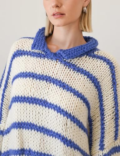 Lentta Womens Striped Sweater Crewneck Drop Shoulder Long Balloon Sleeve Oversized Knit Pullover(Blue-S) — view 5
