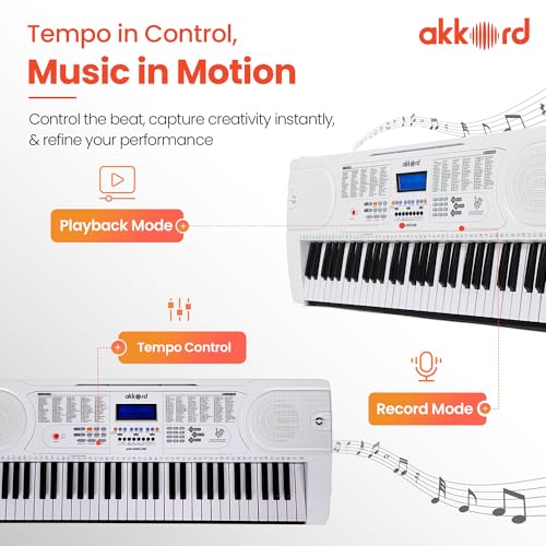 Image of Akkord 61-Key Octave Electronic Keyboard with adapter- LCD Display| USB Input| Mic |Music Sheet Stand | 255 Rhythms | 255 Timbres | 24 Demos | White