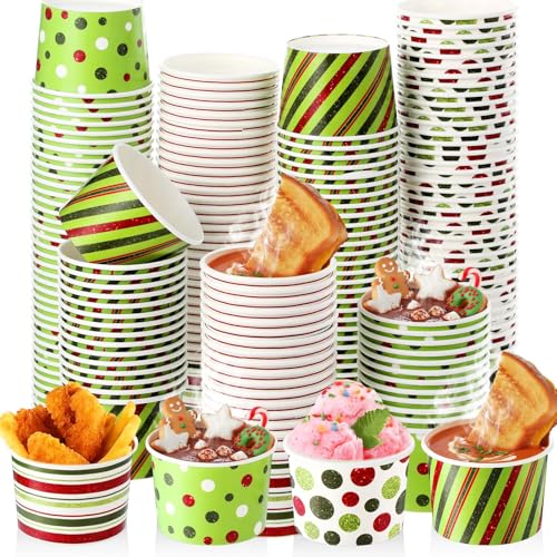 LemonRoad 200 Pcs Christmas Treat Snack Dessert Cups 9 oz Disposable Double Coated Hot Ice Cream Cups Red Green White Polka Dot Striped for Food Soup Hot Cold Drink Xmas Party Supplies