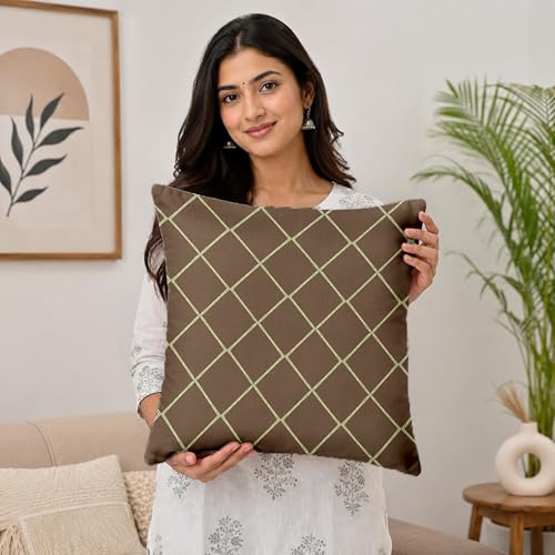 Image of Divine Casa Decorative Cushion Cover Set of 5 Coffee | Velvet Feel Polyester Cushion Covers 16x16 Inch | Sofa Cushion Covers with Golden Lace Border | Modern Cushion Covers for Living Room