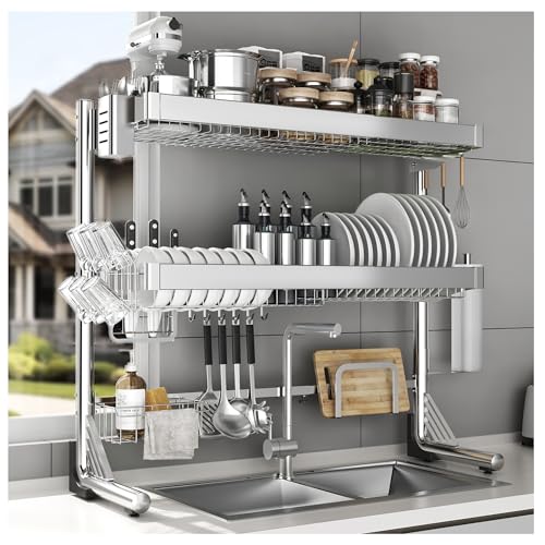 Sythdio Myth シンク上水切りラック ステンレス製 横置き 3段式 伸缩式食器 水切り 長さ調節可能 省スペース 大容量 ディッシュラック 包丁スタンド付き 自動排水 抗菌 水が流れる 皿立て キッチン収納 ラック 強化型 組み立て簡単 日本語の説明書付き （シルバー）