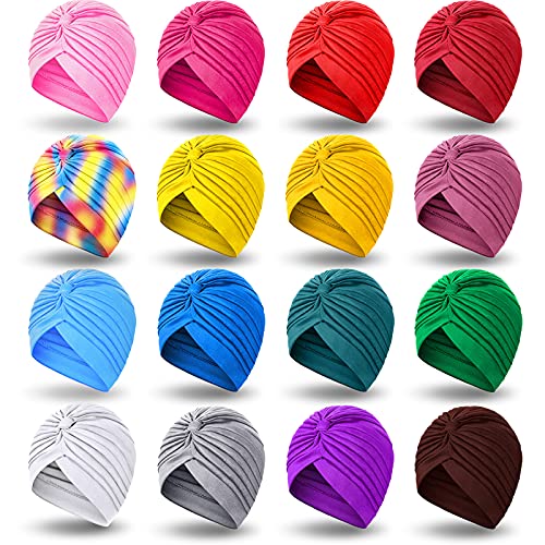 SATINIOR 16 Pieces Stretch Turban Headwrap Polyester Cap India Turban Head Bennie Cover Twisted Pleated Head Wrap Headwear for Women Girls, 16 Colors (Vibrant Color), Small