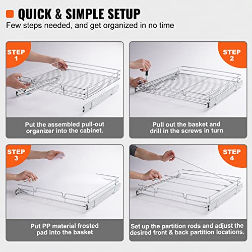 Image of VEVOR 21.5 inch Wx21 Dx3.5 H Pull Out Cabinet Organizer, Heavy Duty Slide Out Pantry Shelves, Chrome-Plated Steel Roll Out Drawers, Storage for Home, Under Sink, 23 inch Wx22 Dx7 H Install Size for Cabinet