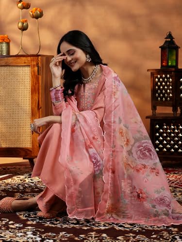 Image of Libas Embroidered Silk Blend Straight Kurta With Trouser and Dupatta