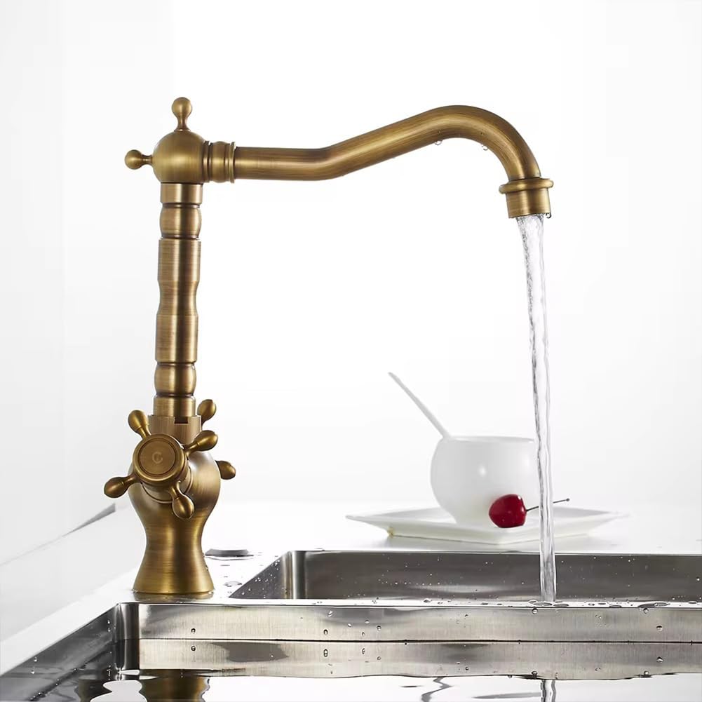 Grifo de cocina giratorio de 360°, latón antiguo, doble mango, ajuste de agua caliente y fría, grifo retro para fregadero para uso doméstico y recreativo