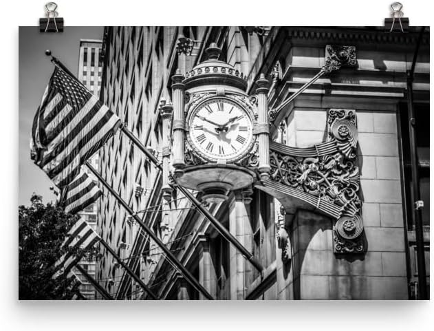 12x16 Inch Chicago Artwork Wall Decor: Unframed Photo Paper Print, Macys Marshall Fields Clock Poster, Black and White Artwork, Print Gift for Men Women
