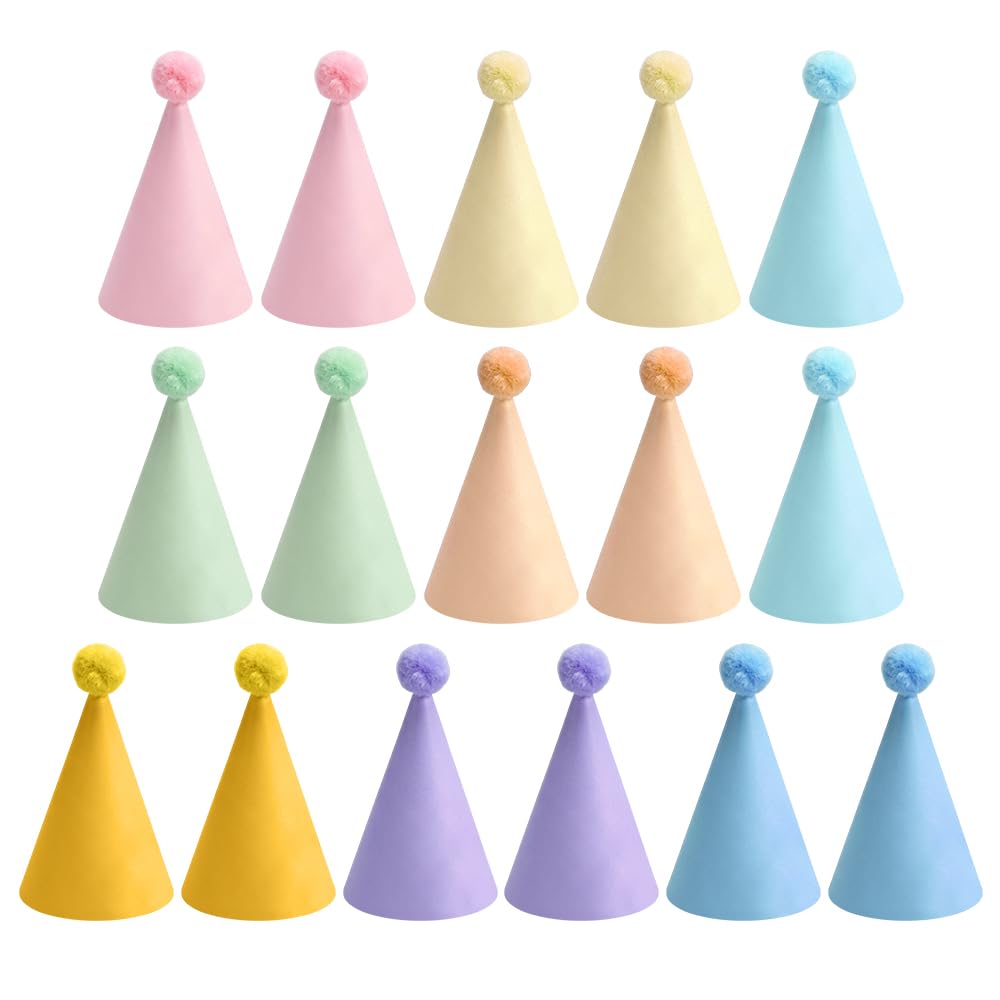 Vervora 16 Pcs Paper Party Hats, Birthday Cone Hats with Pom Pom, Colourful Mini Party Hat Set for Birthday Party, Baby Shower, Housewarming, Photo Booth Props (Pastel 16 Pack)