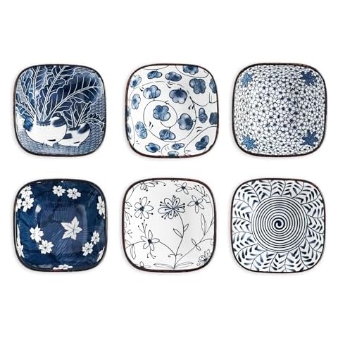 Swuut Ceramic 3oz Square Dipping Bowl Set,Blue and White Soy Sauce Dish Set of 6,3.3 inch Small Bowls for Ketchup Condiments Stackable Side Dish BBQ, Ramekins Oven Safe Cover