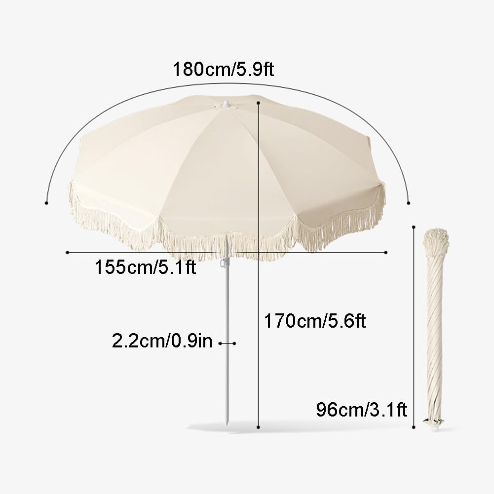 Parasol de Terrasse Boho de 180 cm avec Franges, Parasol de Jardin Extérieur à Hauteur Réglable, UPF 50+ pour Plage, Balcon, Pique-Nique