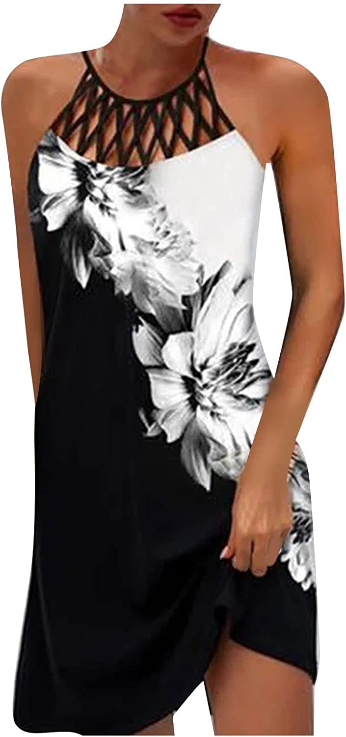 LOVESHOOT Summer Dresses for Women 2026 Casual Floral Hollow Out Halter Neck A-line Sundress for Beach Vacation with Pockets