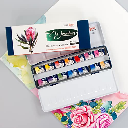 Rosa Gallery Aquarellfarben-Set, botanische einzigartige Palette, volle Pfannen, 2,5 ml, Metallgehäuse, extra feine professionelle Aquarellfarben (14 volle Näpfchen)