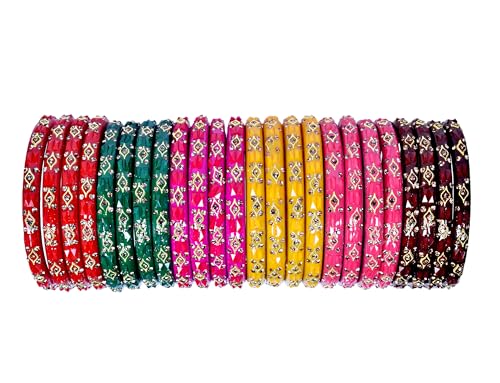 Image of Swara Creations Glass Bangles /Kadas for Women | Studded with Zircon & Golden dots |Fancy smooth finish Kadas | Red,Green,Mehrun,Pink Colors (16Pcs)(SKU296)