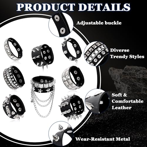 8PCS Spiked Studded Bracelets Cuff for Men Women Black Punk Goth Leather Bracelet Emo Rivet Bracelet Adjustable Rock Pop 80s 90s Retro Button Metal Wrap Wristbands Halloween Accessories3