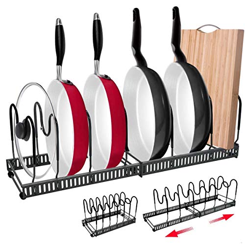 G-TING Expandable Pan Rack Organizer, 7+ Adjustable Pot Lid Holders & Bakeware Rack, Kitchen Cookware Pantry Cabinet Storage Rack with 7 Expandable and Adjustable Compartments (Up to 23”)