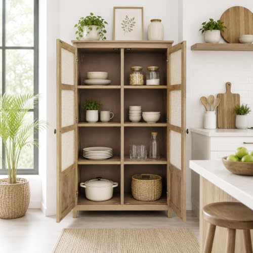 Image of The Attic Crestwood 2 Door Kitchen Cabinet, Multipurpose Cabinet for Bedroom Living Room Study bar, Solid Wood Bookshelf Kitchen Cabinet, Light Teak Matte Finish Cane