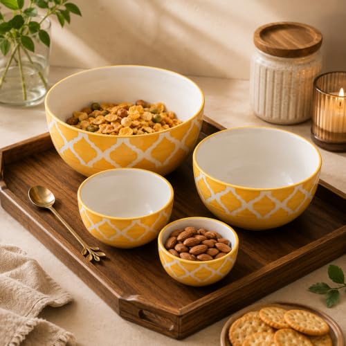 Image of Ceramic Mixing Bowl Set - 4 Pieces (1500ml, 800ml, 600ml, 400ml), Yellow - Durable, Microwave & Dishwasher Safe - Ideal for Mixing, Serving & Storage