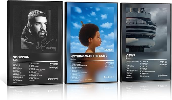 Da Bang Anslivle 3-Piece Framed Canvas Drake Album Cover Posters, Black, 16x24 inches, Contemporary...
