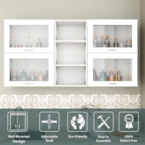 Image of VIKI Furniture Modular Kitchen Wall Cabinet with Acrylic Glass Flip-Up Gas Spring Door & Open Shelf, Space Saving Spice Rack, 30 x 200 x 80 cm, Frosty White, 1 Year Warranty