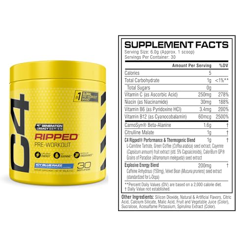 Image of C4 Ripped Pre Workout Powder for Energy, Beta Alanine, Zero Sugar Energy Supplement Preworkout for Men & Women - 150mg Caffeine + Creatine-Free - Icy Blue Razz - 30 Servings