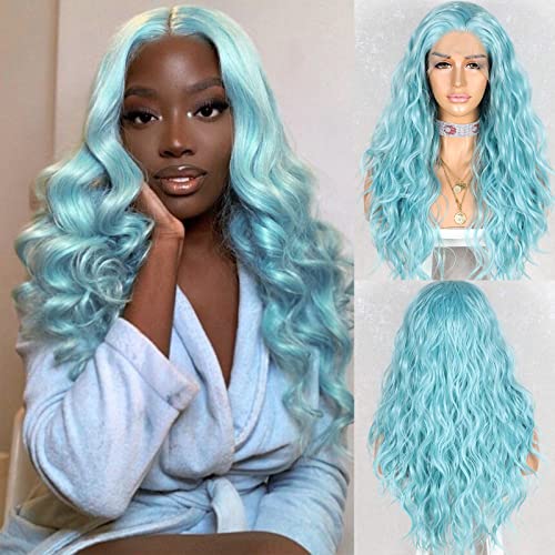 Wigoddess Light Blue Curly Lace Front Wig, Water Wave Daily Makeup Party Wig Heat Resistant Hair 24 inch Blue Wavy Curly Hair Synthetic Lace Front Wig For Women