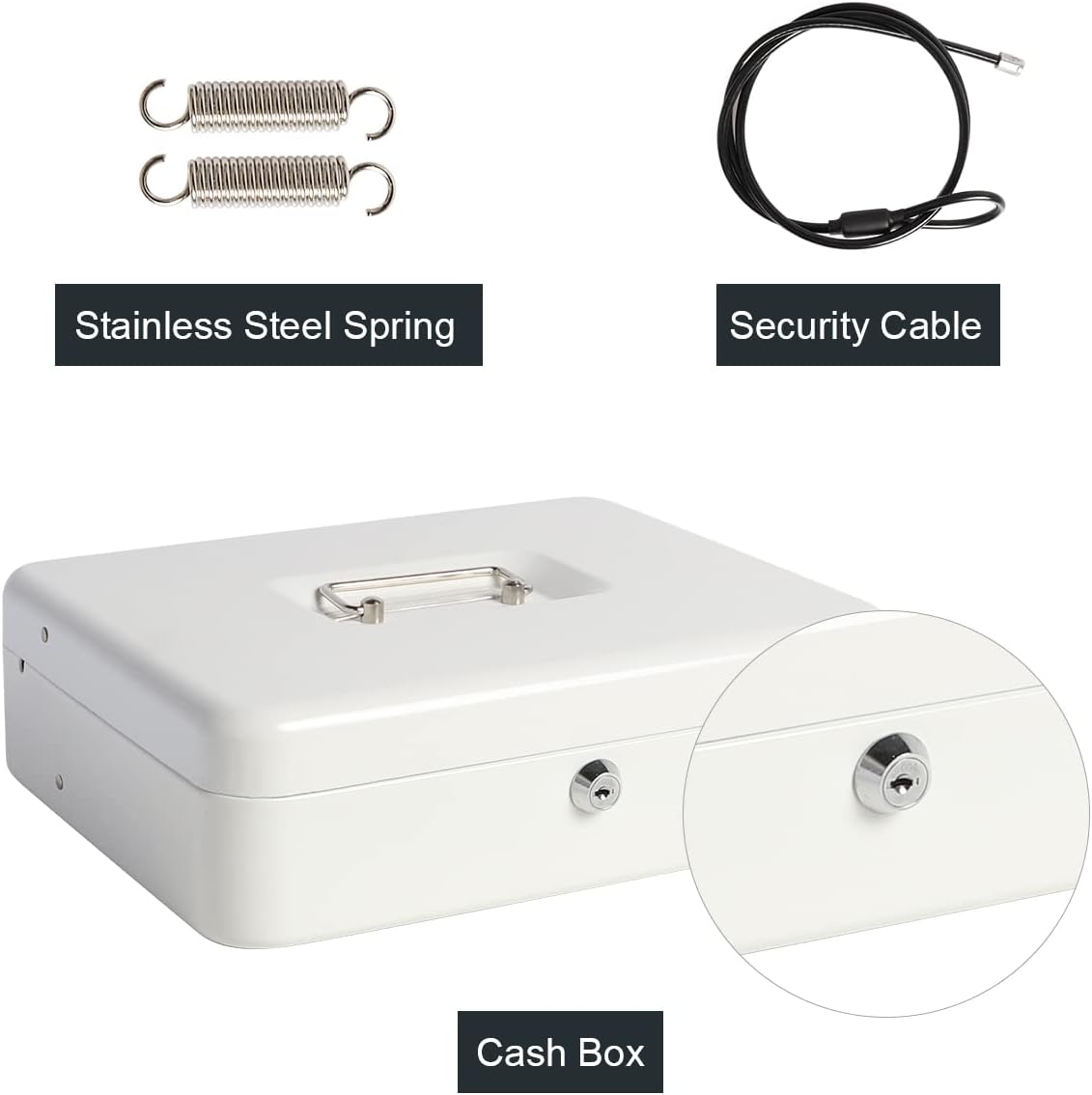 Cash Box with Key Lock, Durable Metal Cash Box with Money Tray, Lock Box Safe Storage Security Locker with Security Cable, 11.8" x 9.5" x 3.5", KBS-White