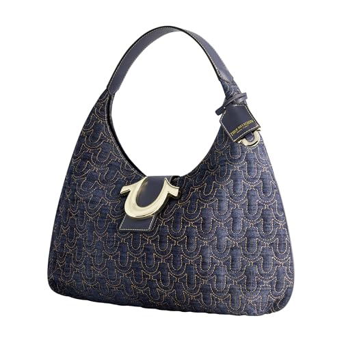 True Religion Quilted Denim Hobo Hand Bag, Large Horseshoe Stitch Shoulder Purse with Gold Hardware, Dark Denim