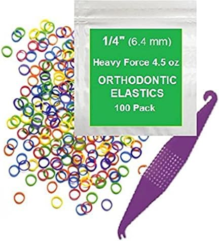 1/4 Inch Orthodontic Elastic Rubber Bands, 100 Pack, Neon, Heavy 4.5 Ounce Small Rubberbands Dreadlocks Hair Braids Fix Tooth Gap, Free Elastic Placer for Braces
