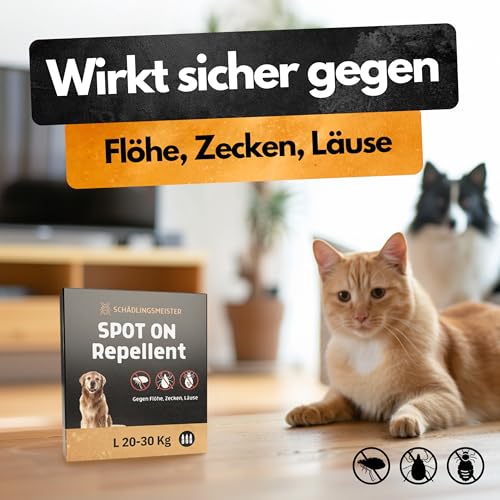 Spot On Repellent - 3 Tuben - Gegen Flöhe, Zecken, Läuse - Für Katzen und Hunde - Zum direkten Auftragen auf die Haut - Zeckenschutz Katze - Zeckenschutz Hund - Zeckenmittel (L (20-30 KG))