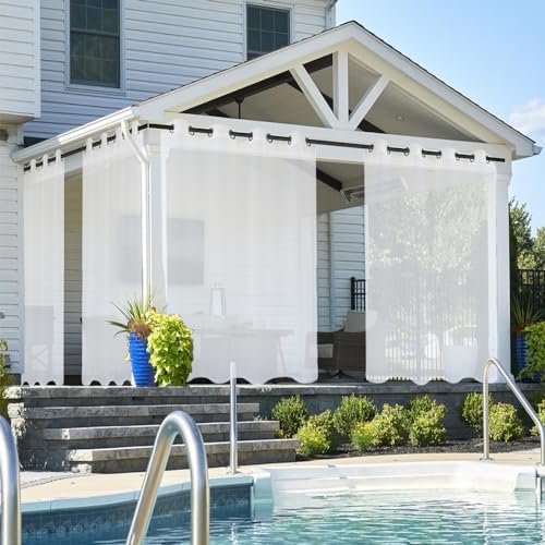 Waterproof Outdoor Sheer Curtains for Patio Transparent Voile Curtains for Porch Pergola Cabana Garden Gazebo White Grommet Design 352×254cm