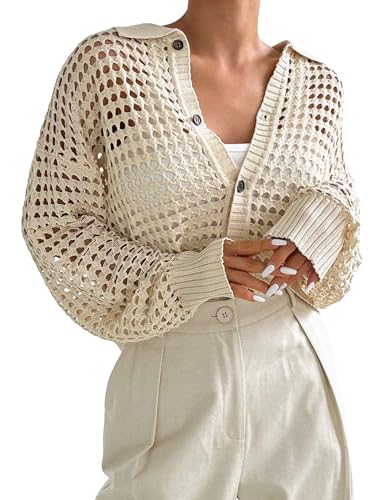 QWINEE Women's Crochet Cardigan Sweater Lightweight Cardigan Hollow Out Sweater Long Sleeve Button Down Knit Top3