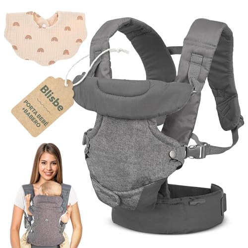 Blisbe Mochila Portabebé Ergonómica 4 Posiciones – Segura, Transpirable, Lavable, Asiento de Cadera, Cinturón Ajustable, Fácil de Colocar, Recién Nacido a 36 meses + Babero de regalo