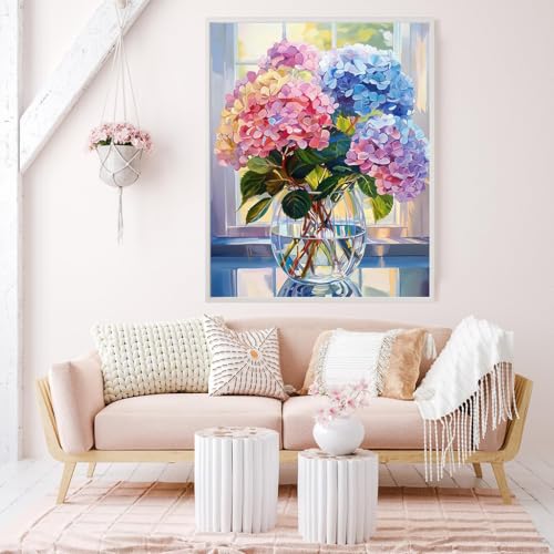 Image of HASTHIP DIY 5D Diamond Painting Art Craft Kit DIY Diamond Painting Material Kit for Kids & Adultes 12x16inch Color Hydrangea Art Diamond Painting Wall Decor No Frame DIY Diamond Painting Art Kit