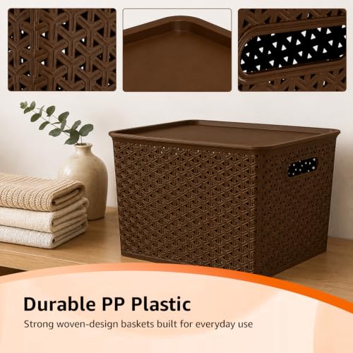 Image of Amazon Basics Set of 3 Plastic Storage Baskets with Lid - Stackable Organiser for Wardrobe, Kitchen, Clothes, Toys, Books, Office Multipurpose Shelf Basket (Large, 36x30x22 cm) | Brown, Rectangular