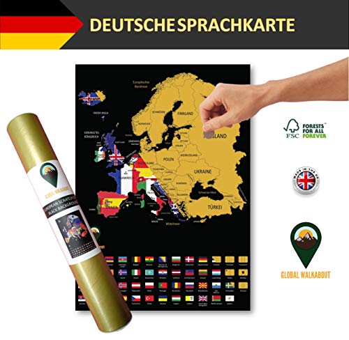 Global Walkabout DEUTSCH - Europa Kratzerkarte mit Flaggenhintergrund - Deluxe A3 Europa Kratzerkarte - IDEAL FÜR DEN REISELUSTIGEN