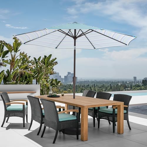 Image of JEAREY 9FT Outdoor Patio Umbrella Outdoor Table Umbrella with Push Button Tilt and Crank, Market Umbrella 8 Sturdy Ribs UV Protection Waterproof for Garden, Deck, Backyard, Pool (Blue Green Stripe)