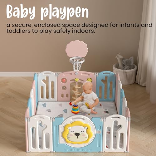 Image of 31 Sq Ft Extra Large Baby Playpen | Lion-Themed 16-Panel Play Yard with Soft Mat & Basketball Hoop | Indoor /Outdoor Toddler Fence | Blue-Pink-White | ISO & CE Certified